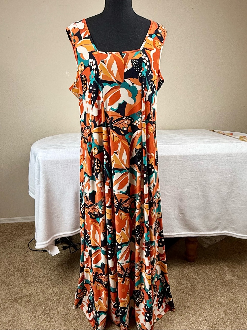 Attitudes by Renee Orange Teal Butterfly Print Pockets Maxi Dress Beach Resort